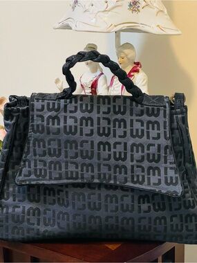 Blue and Black Patterned Braided-Handle Satchel Bag